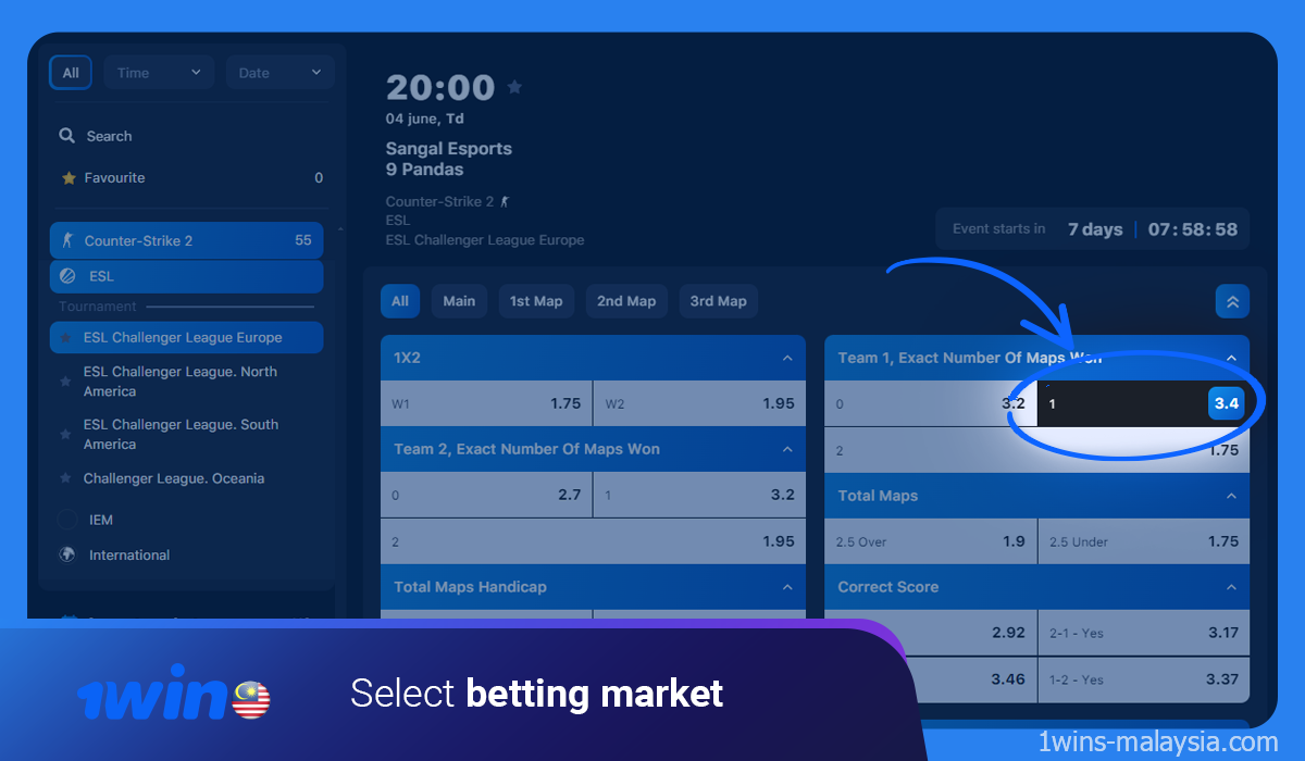 Click on the betting market of the match at 1win on which you wish to place a bet