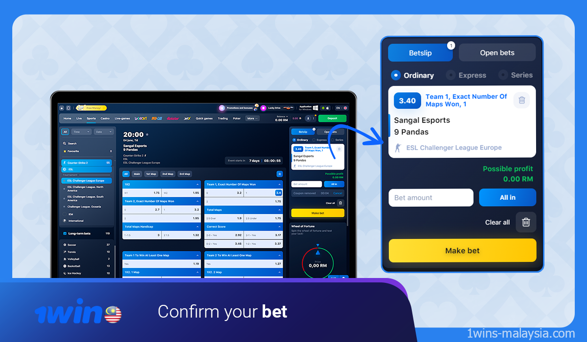 To place a bet at 1win, enter the bet amount in the window that opens and confirm it