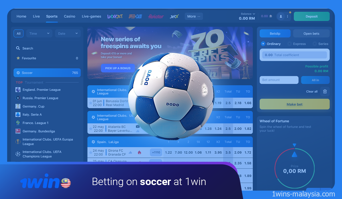 1win has many of the world's most popular soccer leagues and tournaments available to bet on