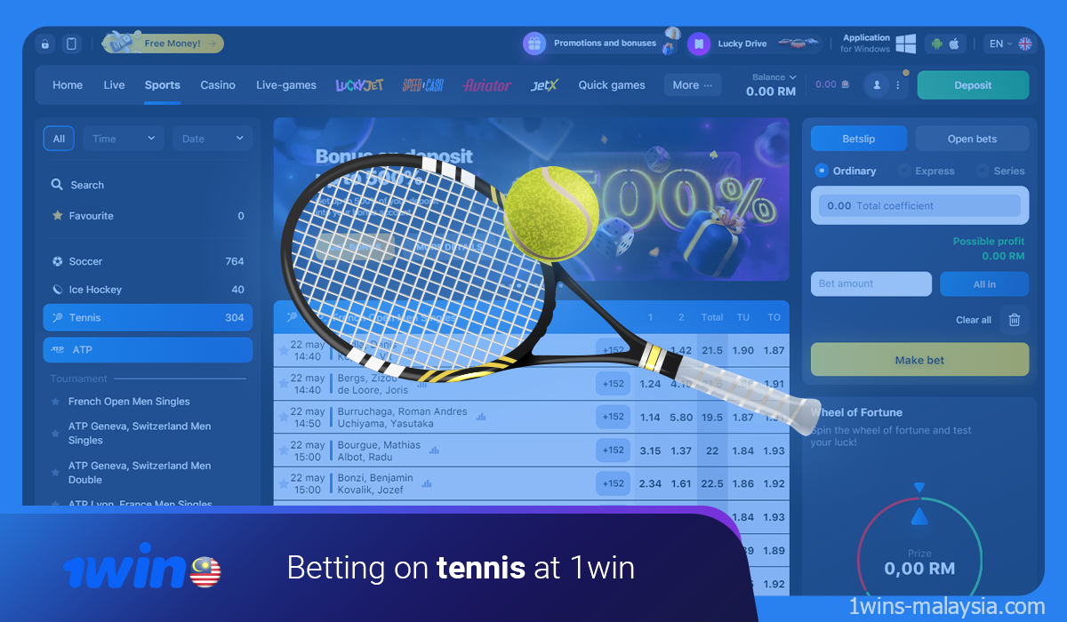 Sekiranya anda ingin memulakan pertaruhan pada tenis, terdapat banyak kejohanan di halaman disiplin laman web bookmaker 1win