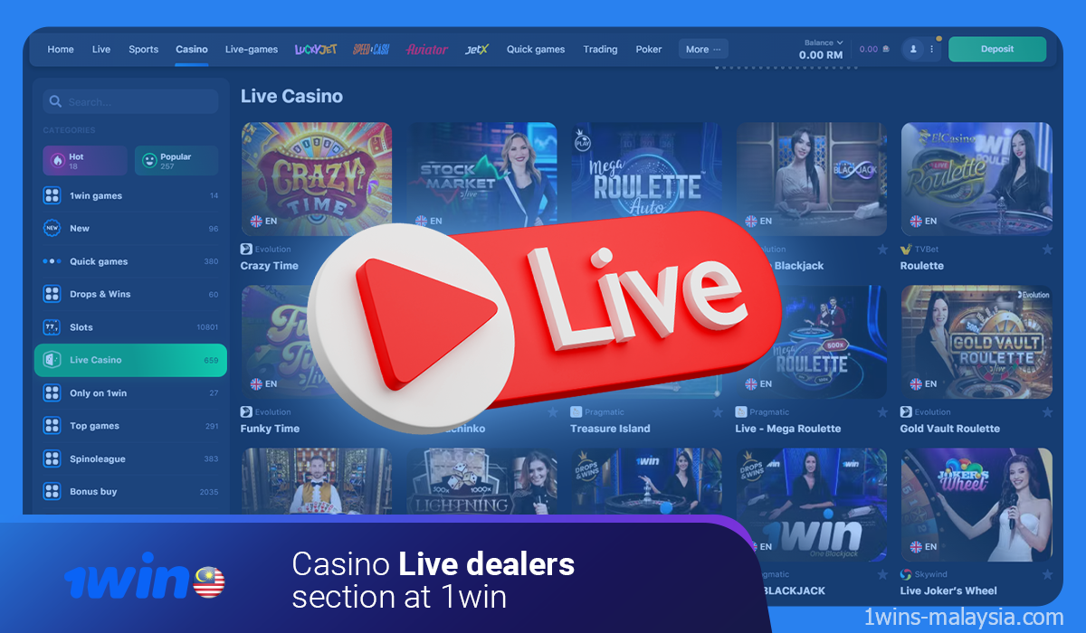 At 1win online casino, you will find a large number of live games in a separate section on the site