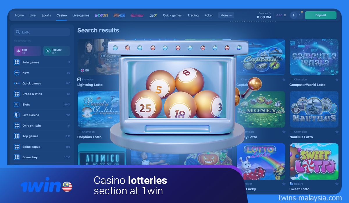 Kasino dalam talian 1win mempunyai permainan "loteri" dalam pelbagai format seperti bingo, nombor, dll