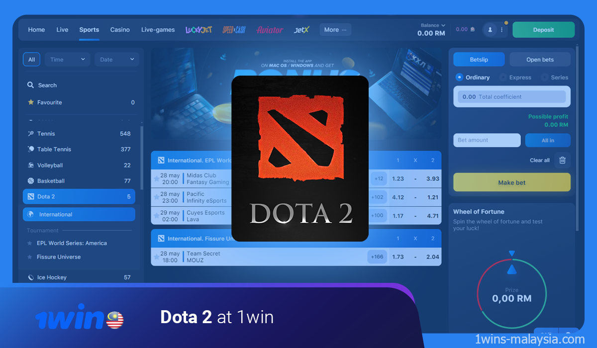 1win users can bet on a cybersport disciplines like Dota 2
