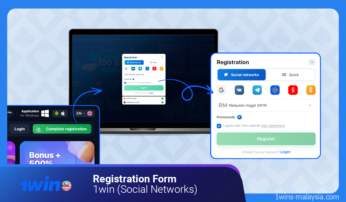 Malaysian users can register with 1win using a social networking site