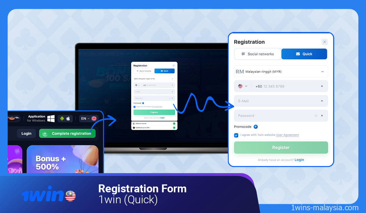 There are several types of registration in 1 win, one of the types is Quick registration