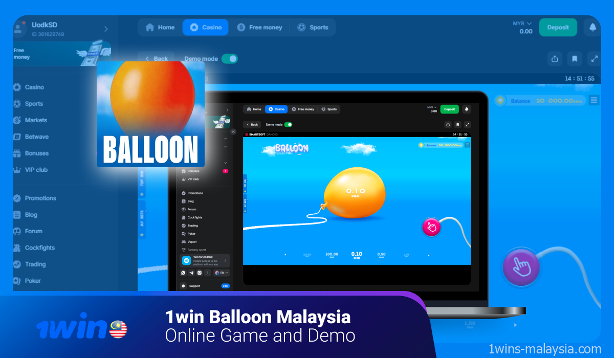 Permainan Balloon dalam talian tersedia di 1win Malaysia untuk wang sebenar dan juga dalam mod demo
