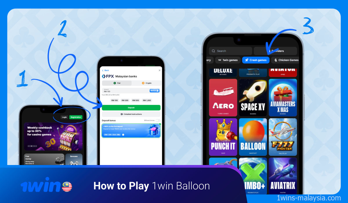 Untuk mula bermain Balloon, anda perlu membuat akaun di 1win Malaysia dan menambah dana ke dalam akaun